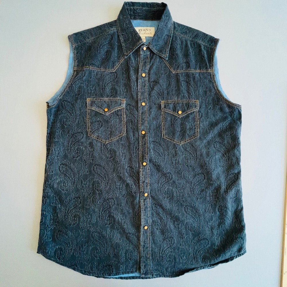 Ryan Michael Western Vest Silk Cotton Paisley Jacquard Blue Snap Front Mens L